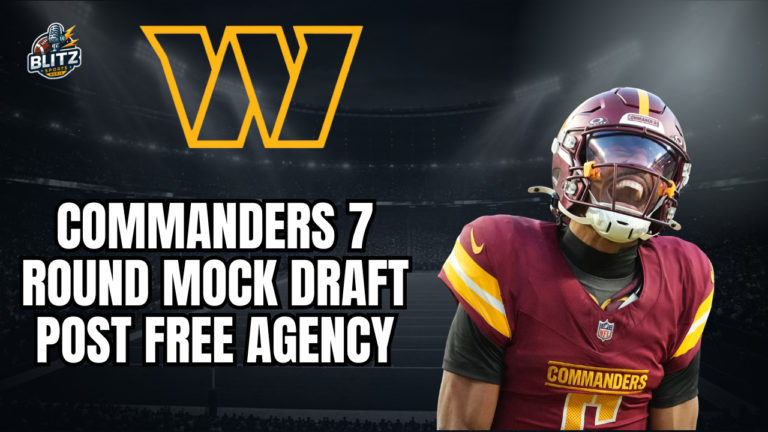 Washington Commanders 7 round mock draft post free agency featuring a Commanders player in burgundy and gold uniform with team logo and bold title text