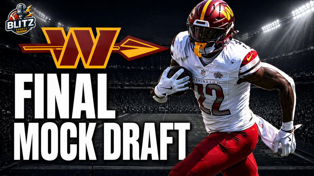 Washington Commanders final mock draft 2026 thumbnail featuring player running with ball and bold “Final Mock Draft” text