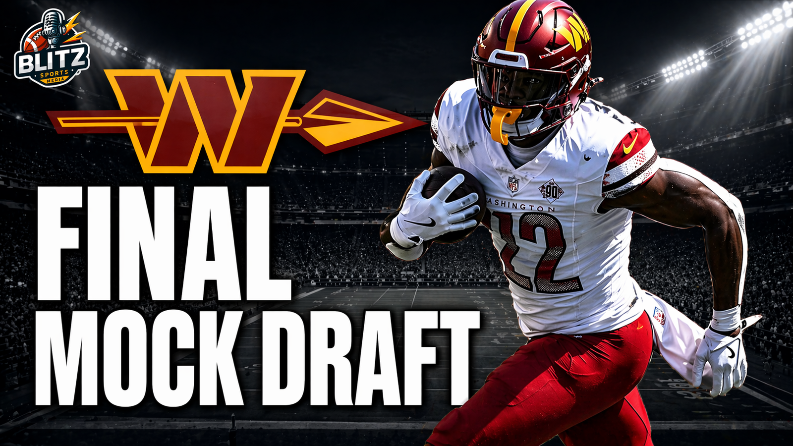 Washington Commanders final mock draft 2026 thumbnail featuring player running with ball and bold “Final Mock Draft” text