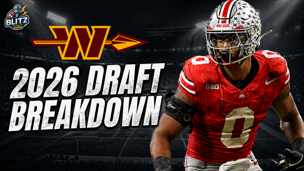 Washington Commanders 2026 draft review thumbnail featuring Ohio State player and bold white “2026 Draft Breakdown” text