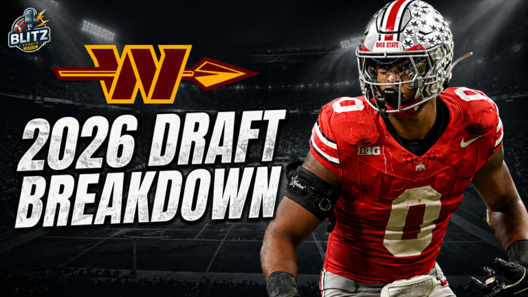 Washington Commanders 2026 draft review thumbnail featuring Ohio State player and bold white “2026 Draft Breakdown” text