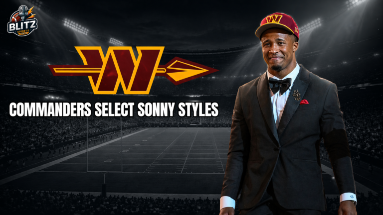 Washington Commanders select Sonny Styles thumbnail featuring draft night image with player in suit and team logo