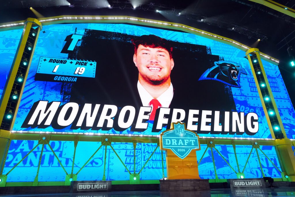 Apr 23, 2026; Pittsburgh, PA, USA; Georgia Bulldogs offensive lineman Monroe Freeling is selected by the Carolina Panthers as the number 19 pick during the 2026 NFL Draft at Acrisure Stadium. Mandatory Credit: Kirby Lee-Imagn Images