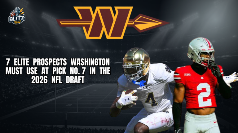 Washington Commanders 2026 NFL Draft graphic highlighting seven elite prospects Washington could target with the No. 7 overall pick.