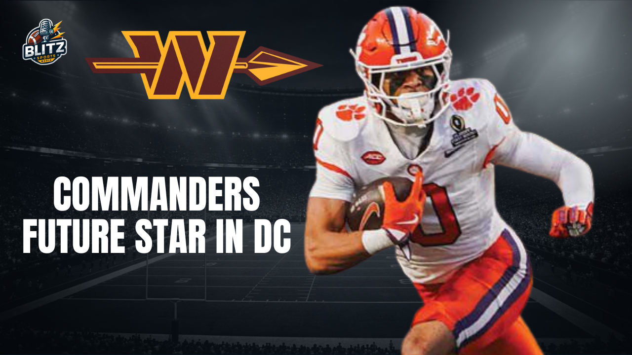 Antonio Williams in a Clemson uniform featured in a Washington Commanders concept thumbnail with the text “Commanders Future Star in DC” and Blitz Sports Media branding.