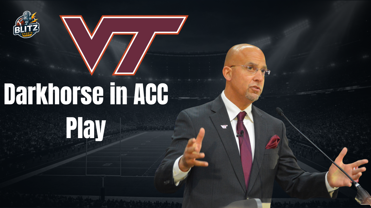 Thumbnail featuring the Virginia Tech Hokies logo and James Franklin standing on a football field background with bold text reading “Darkhorse in ACC Play” for a 2026 Virginia Tech football preview article.