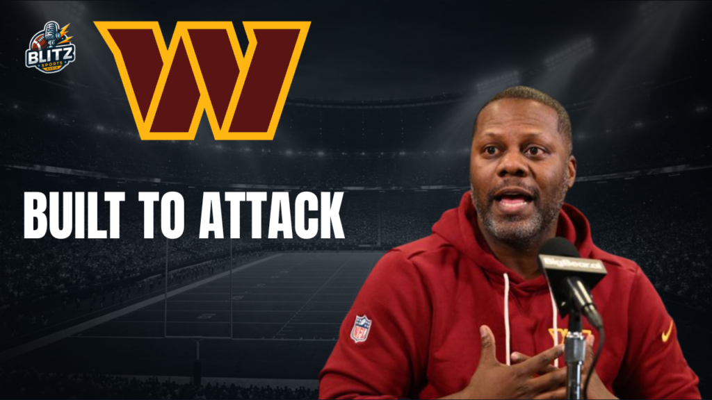 Thumbnail featuring Daronte Jones speaking at a podium in a red Washington Commanders hoodie with a large Commanders “W” logo above him and the bold words “BUILT TO ATTACK” over a dark football stadium background.