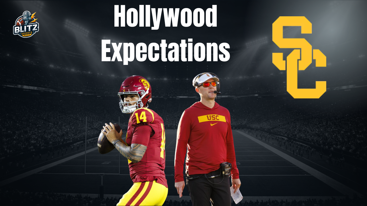USC Trojans 2026 season preview thumbnail featuring quarterback Jayden Maiava and head coach Lincoln Riley standing in a stadium under bright lights with the words “Hollywood Expectations” and the USC logo displayed prominently.