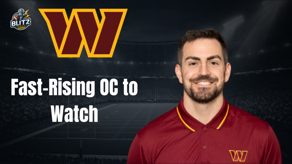 Thumbnail featuring the Washington Commanders “W” logo and offensive coordinator David Blough smiling in a burgundy Commanders polo shirt. Bold white text reads “Fast-Rising OC to Watch” over a dark football stadium background with Blitz Sports Media branding in the top left corner.