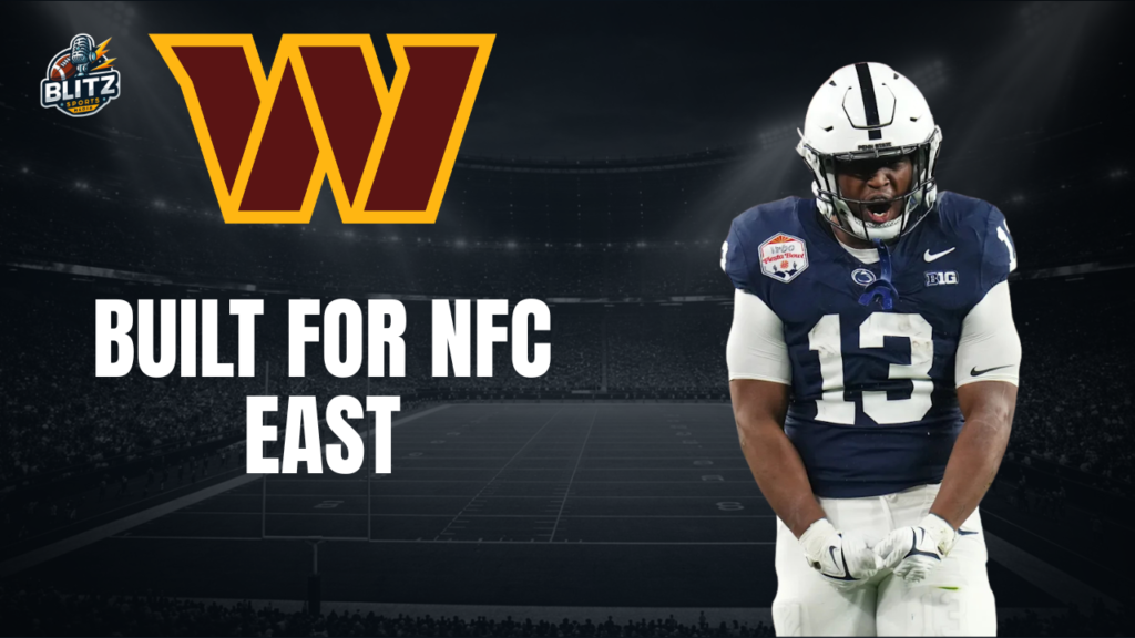 Washington Commanders-themed graphic featuring rookie running back Kaytron Allen in his Penn State uniform. The Commanders' burgundy and gold "W" logo appears prominently above the headline "BUILT FOR NFC EAST" against a dark football stadium background. Allen is shown in an intense pose, emphasizing his physical running style and projected impact on Washington's offense.