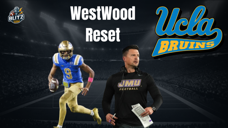UCLA Bruins 2026 football preview graphic featuring new head coach Bob Chesney standing on the sideline and a UCLA player wearing No. 9 running with the football. The background shows a dark football stadium under bright lights. The UCLA Bruins logo is displayed prominently on the right side, while the headline "Westwood Reset" appears at the top center. The Blitz Sports Media logo is located in the upper left corner.