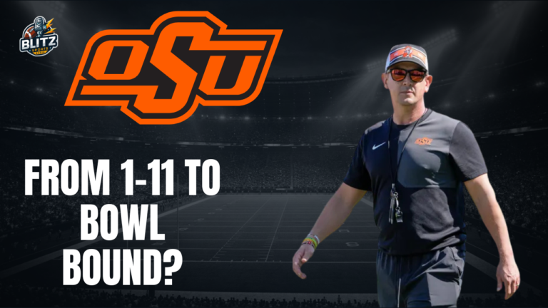 Promotional graphic for an Oklahoma State Cowboys 2026 football preview featuring first-year head coach Eric Morris walking across a football stadium background. The Oklahoma State "OSU" logo is prominently displayed at the top center, while the headline reads "FROM 1-11 TO BOWL BOUND?" in large white text. The Blitz Sports Media logo appears in the top-left corner.