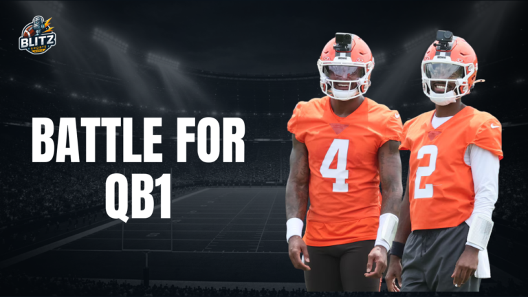 Blitz Sports Media thumbnail featuring Deshaun Watson (#4) and Shedeur Sanders (#2) in Cleveland Browns practice uniforms standing on a football field with bold white text reading "BATTLE FOR QB1." The image serves as the featured thumbnail for an article analyzing the Browns' quarterback competition while also examining several other quarterback battles across the NFL entering the 2026 training camp.