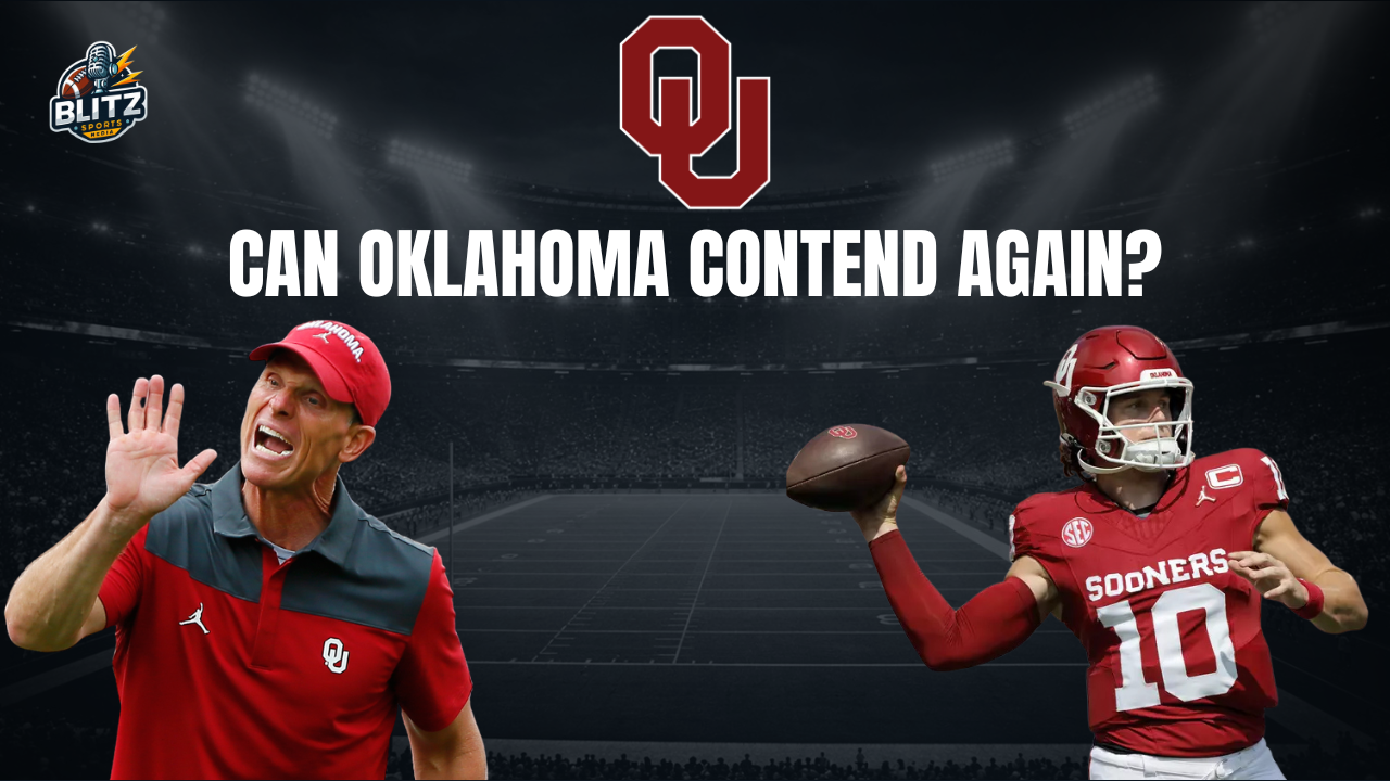 2026 Oklahoma Sooners football preview thumbnail featuring head coach Brent Venables and quarterback John Mateer beneath the Oklahoma "OU" logo with the headline "Can Oklahoma Contend Again?" on a stadium background.