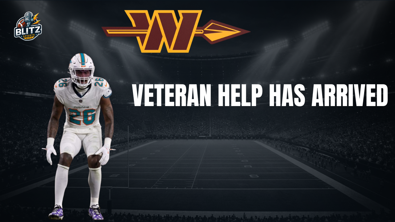 Rasul Douglas in a Miami Dolphins uniform with the Washington Commanders logo and the text "Veteran Help Has Arrived" following his signing by Washington.