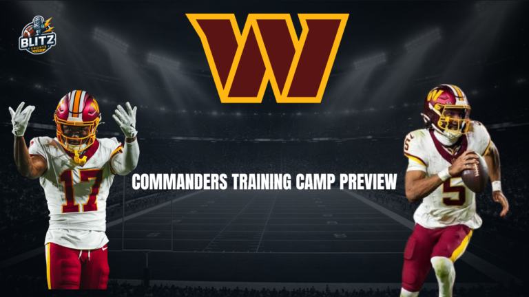 Washington Commanders Training Camp 2026 featuring Jayden Daniels, Terry McLaurin, and the Commanders logo with "The Shakeback Has Begun" graphic.