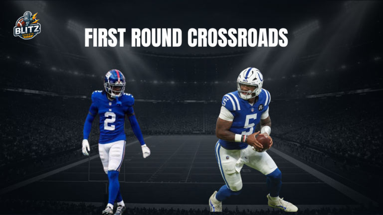 2023 NFL Draft first-round picks Deonte Banks and Anthony Richardson featured in a "First Round Crossroads" graphic highlighting players entering make-or-break 2026 NFL seasons.