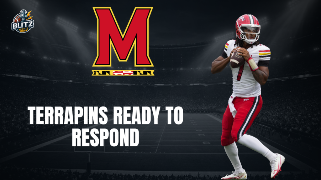 Maryland Terrapins quarterback Malik Washington stands in a passing stance next to the Maryland logo with the headline "Terrapins Ready to Respond" on a Blitz Sports Media 2026 season preview graphic.