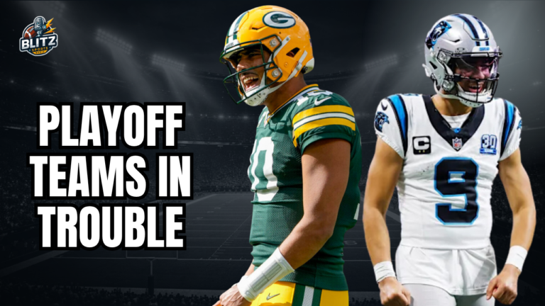 Graphic featuring Green Bay Packers quarterback Jordan Love and Carolina Panthers quarterback Bryce Young with the headline "Playoff Teams in Trouble" and the Blitz Sports Media logo, highlighting NFL teams that could miss the 2026 playoffs.
