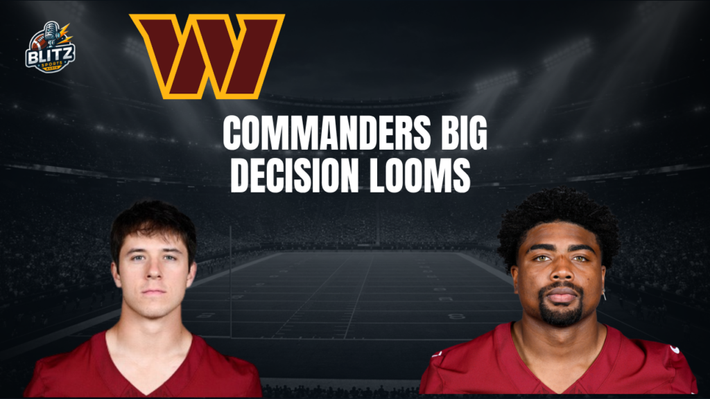 Commanders 53-man roster projection graphic featuring two Washington players with the Commanders logo and “Commanders Big Decision Looms” headline.