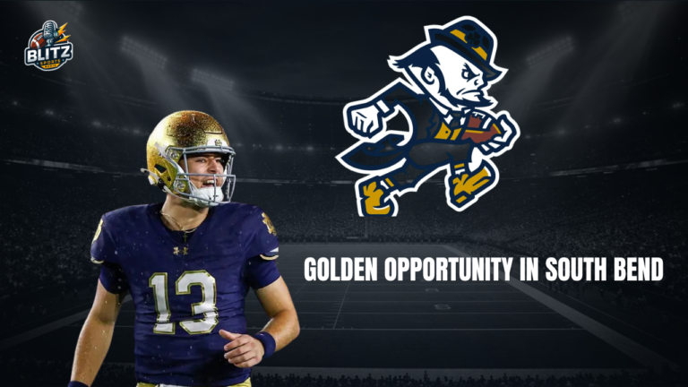 Irish quarterback CJ Carr featured alongside the Notre Dame Fighting Irish logo with the headline "Golden Opportunity in South Bend" ahead of the 2026 college football season preview.