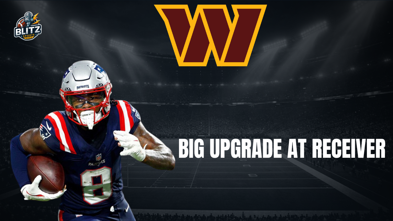 Stefon Diggs impact graphic featuring the veteran wide receiver in a Patriots uniform alongside the Washington Commanders logo with the headline "Big Upgrade at Receiver" on a football stadium background.