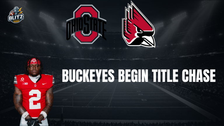 Ohio State vs. Ball State preview featuring Buckeyes football and “Buckeyes Begin Title Chase” graphic.