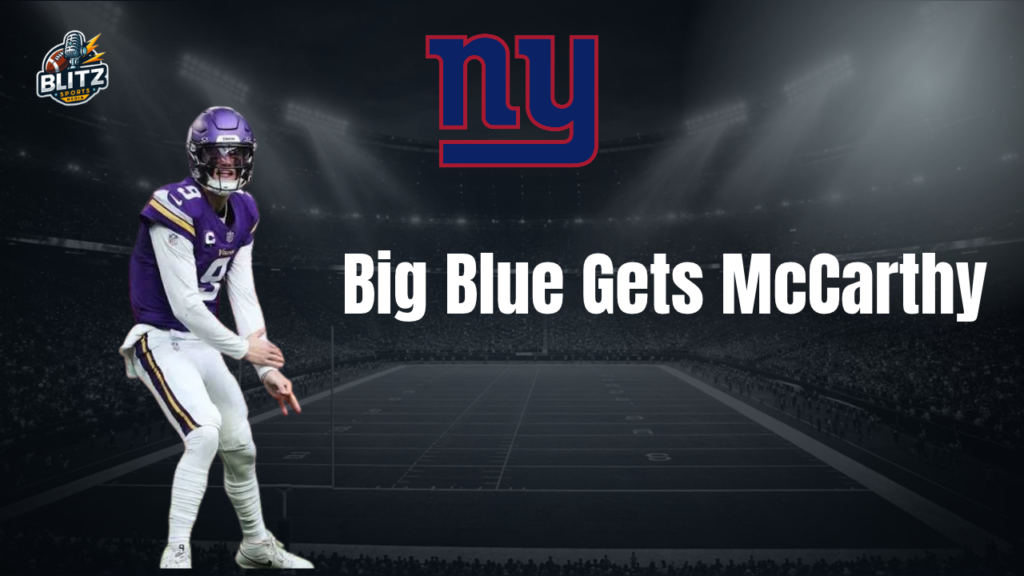 JJ McCarthy featured in New York Giants trade graphic after being traded from the Minnesota Vikings.