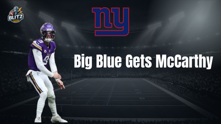 JJ McCarthy featured in New York Giants trade graphic after being traded from the Minnesota Vikings.