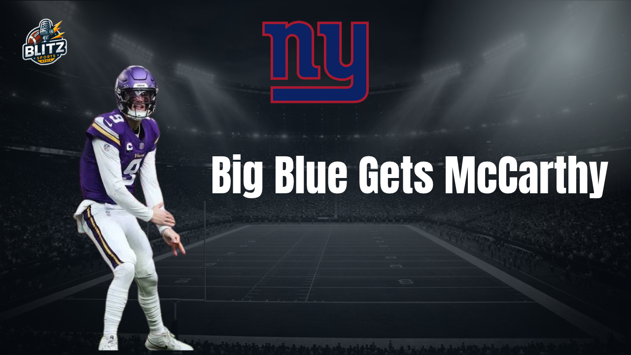 JJ McCarthy featured in New York Giants trade graphic after being traded from the Minnesota Vikings.