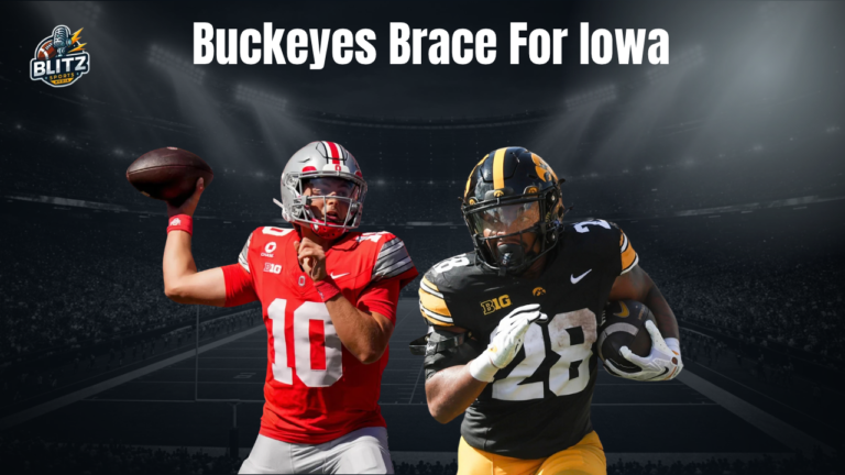Ohio State quarterback prepares to throw while an Iowa running back carries the football in a “Buckeyes Brace for Iowa” matchup graphic.