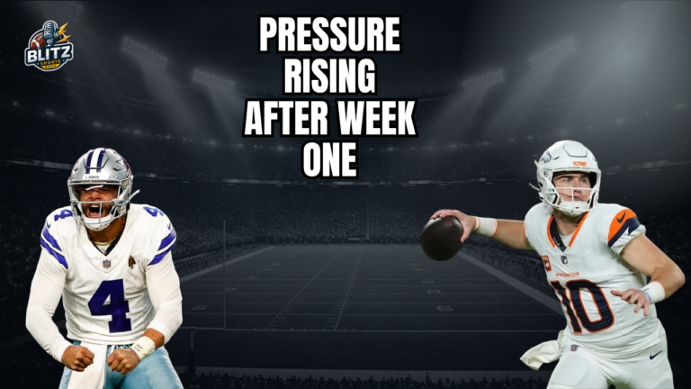 NFL Week 2 pressure graphic featuring Dallas Cowboys quarterback Dak Prescott and Denver Broncos quarterback Bo Nix with “Pressure Rising After Week One” headline.