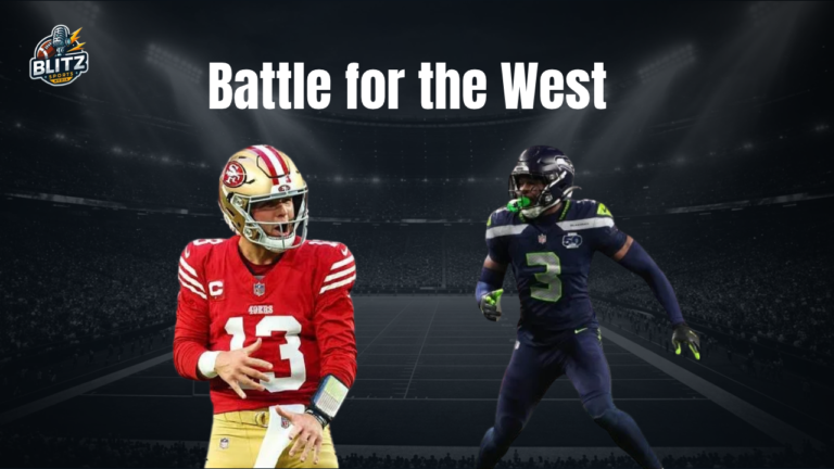 49ers quarterback and Seahawks defender face off in a dramatic stadium graphic with the headline “Battle for the West,” highlighting a major NFC West rivalry matchup.
