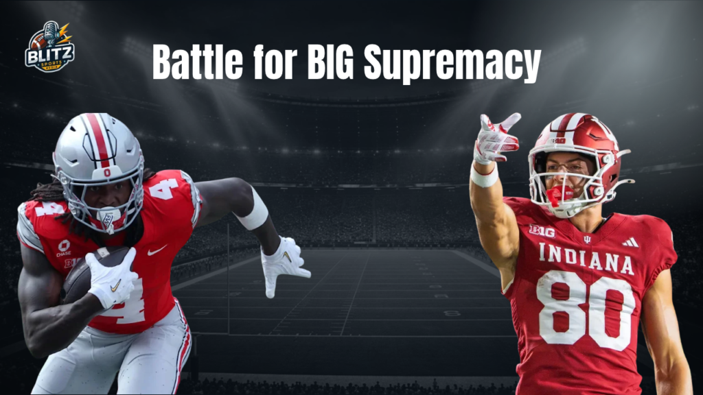 Ohio State Buckeyes and Indiana Hoosiers football players featured in a Blitz Sports Media graphic titled “Battle for BIG Supremacy,” previewing their highly anticipated Big Ten showdown.