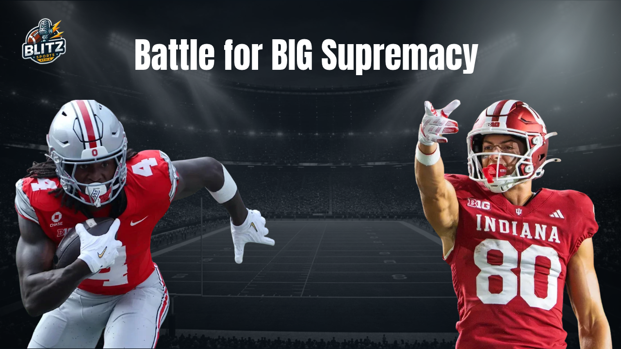Ohio State Buckeyes and Indiana Hoosiers football players featured in a Blitz Sports Media graphic titled “Battle for BIG Supremacy,” previewing their highly anticipated Big Ten showdown.